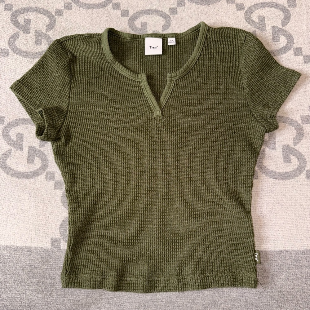 TNA Olive Green Ribbed Short Sleeve Top